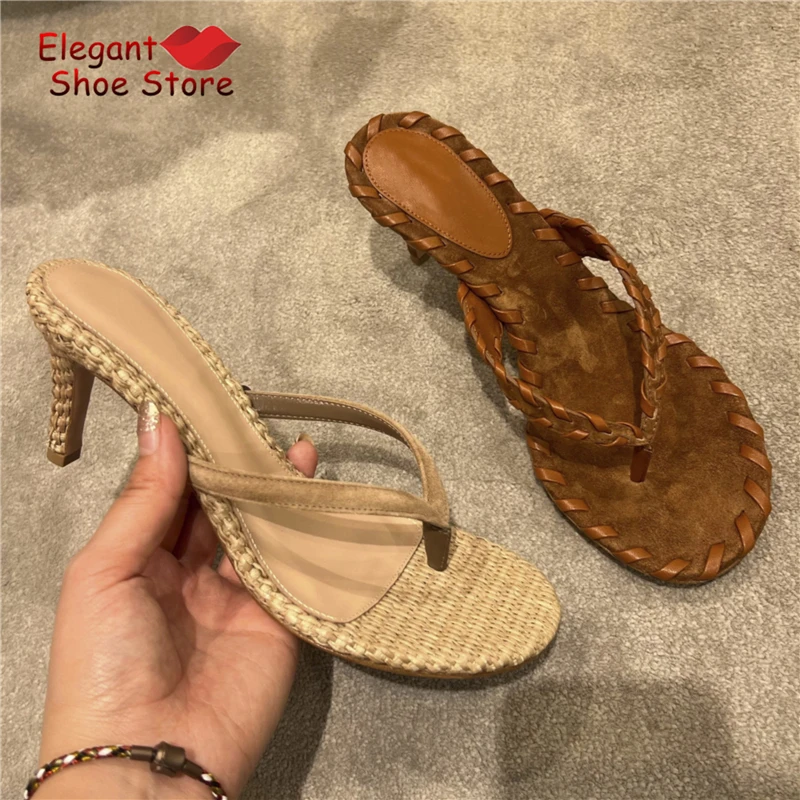 Women's Woven Thin Heel Flip Flops Summer New Brown Clip Toe High Heel Sandals Fashion Outdoor Vacation Beach Shoes