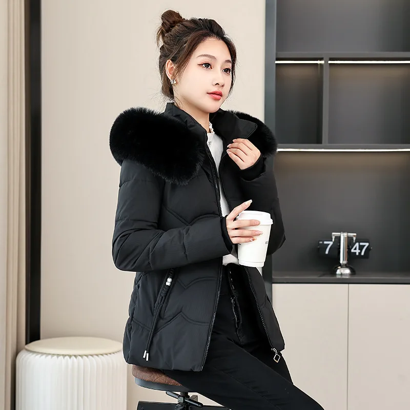 Fashion Women's Hooded Cotton Jacket Winter Korean Female Temperament Soft Big Fur Collar Thickened Jacket Slim Warm Outerwear