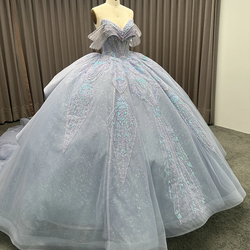 Customized Ball Gown Tulle Shiny Quinceanera Dresses Mexican Off The Shoulder Beading Wedding Dress Lsmc13