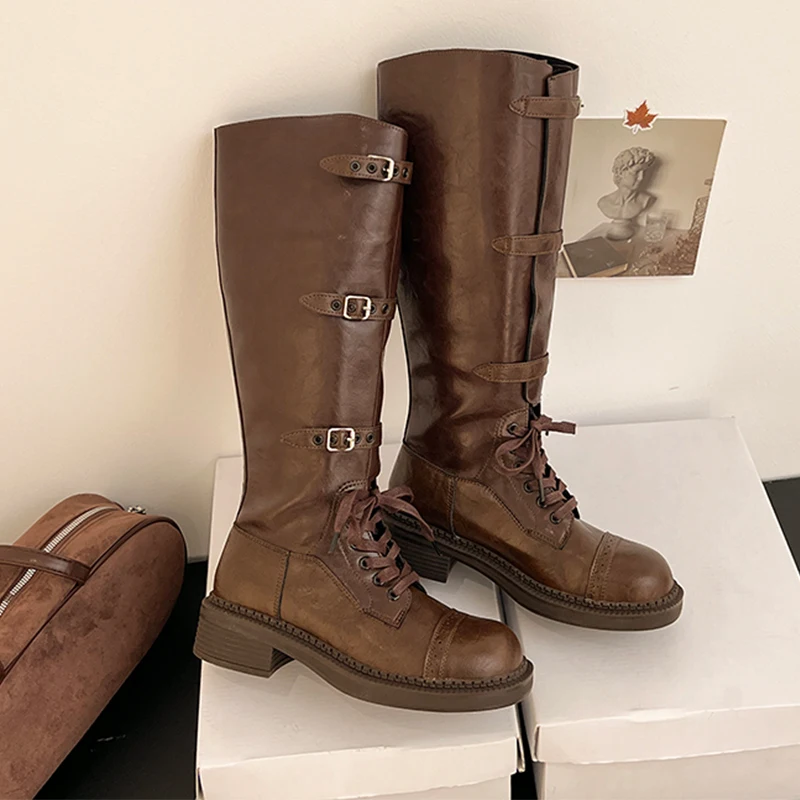 

Женские сапоги до колена на среднем каблуке, модные длинные сапоги для женщин, дизайнерская обувь, новинка зимы 2025, платье на шнуровке, Mujer Chelsea Botas