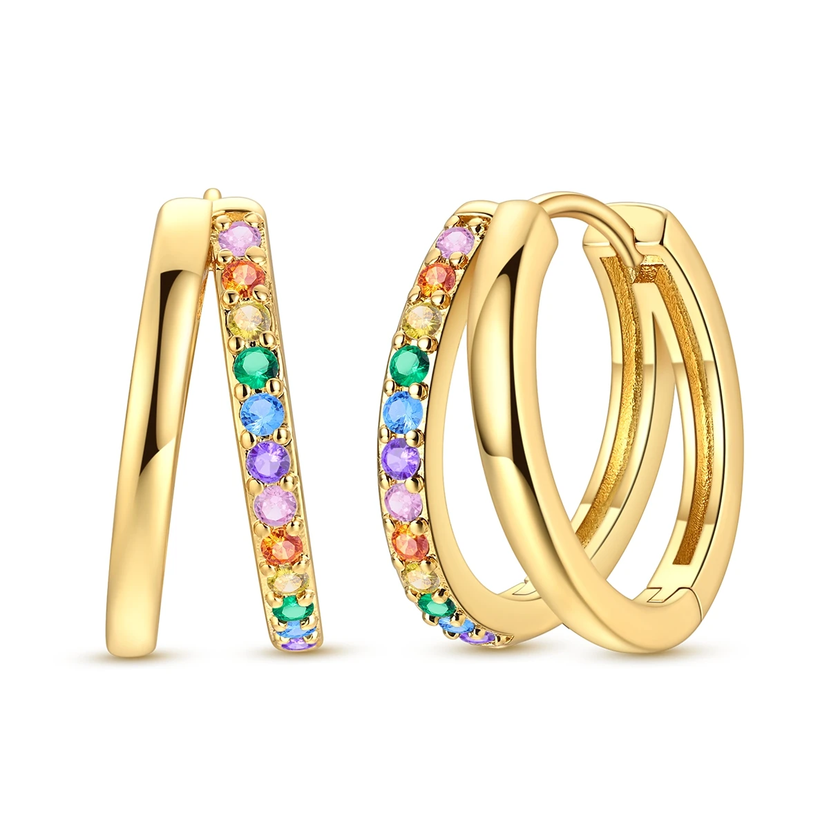 

Gold Color Earring 925 Sterling Silver Colorful Zircon Double-deck Hoop Earring For Lady Fine Jewelry
