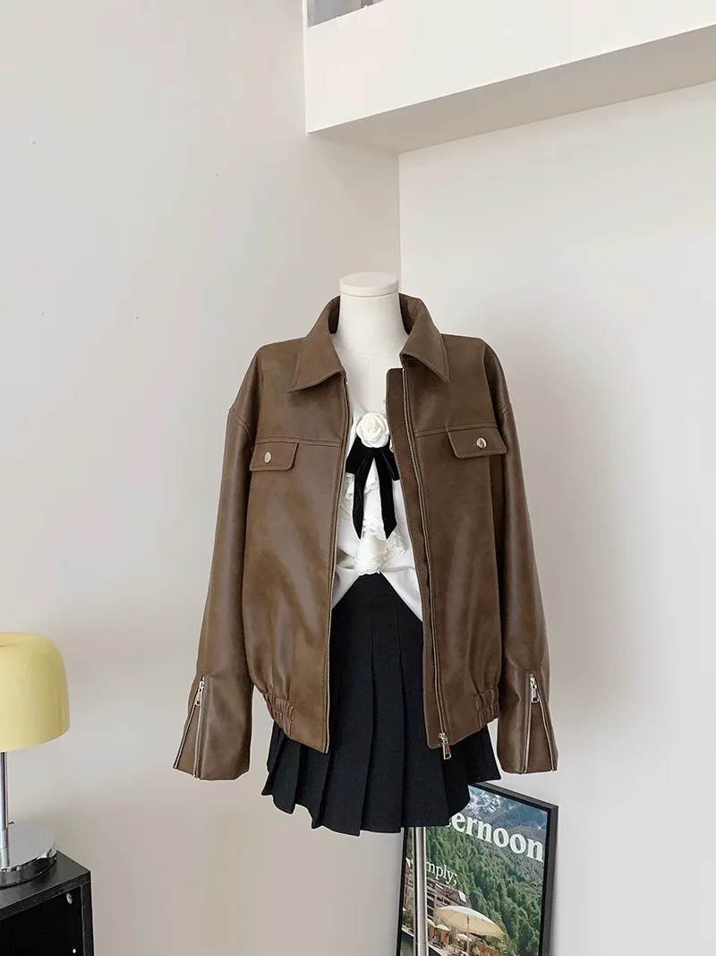 Manteau en cuir à fermeture éclair pour femme, style Y2K, rue vintage américaine, revers pour femme, mode rétro, rue haute