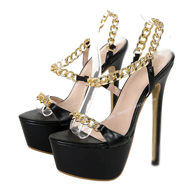 Black Chain Platform Sandals Thin High Heel Shallow Peep Toe Fashion Sexy Cool Summer Big Size Woman Shoes Zapatillas Mujer