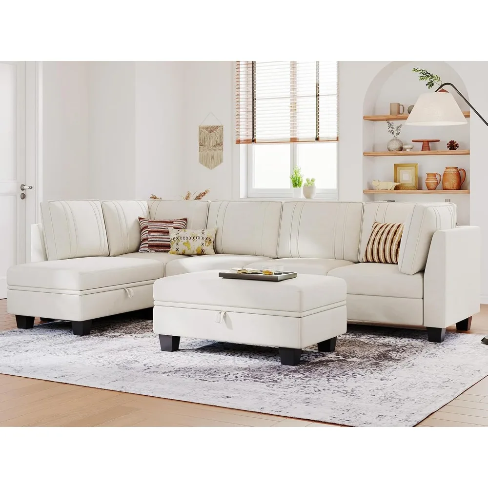 

Velvet Sectional Sofa with Storage Ottoman Cream L Shaped Couch Sofa Convertible L-Shaped Sofa Beige