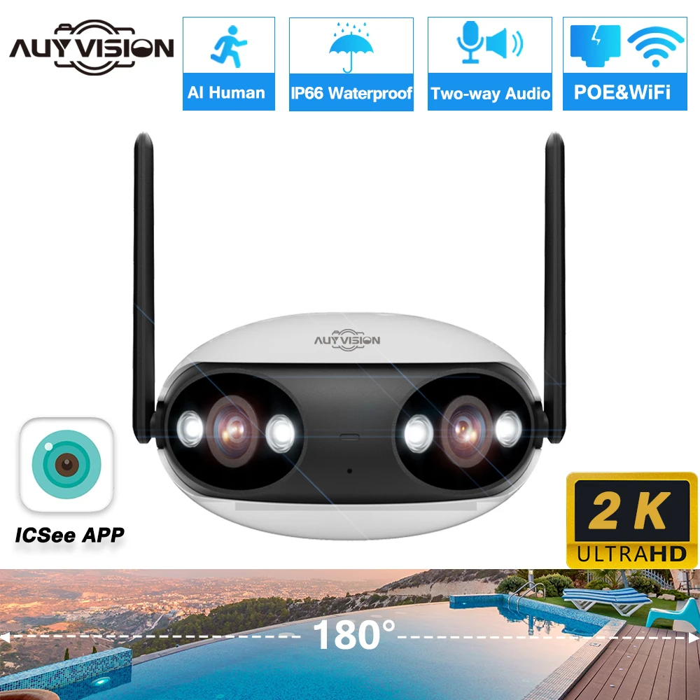 2K Dual Lens POE WiFi Color Night Vision 180° Wide Angel Outdoor Wifi Surveillance Cameras CCTV Security Protection Camera