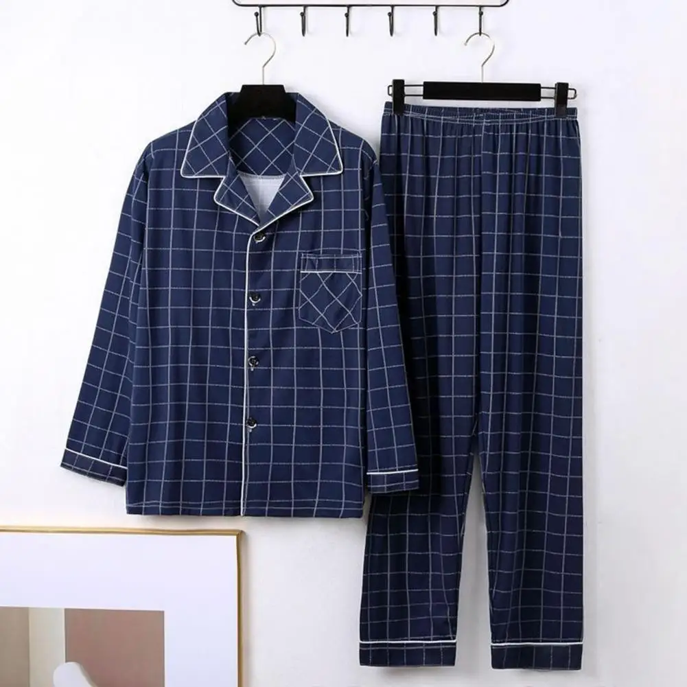 2Pcs/Set Men Pajamas Set Plaid Print Lapel Long Sleeve Single Breasted Loungewear Suit Loose Shirt Elastic Waist Long Pants Set