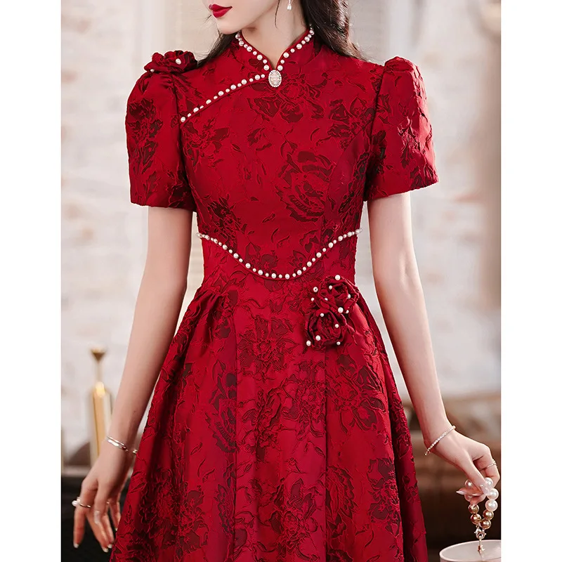 

Female Qipao Toast Clothes Bridal Burgundy Engagement Dress Mandarin Collar Wedding Party Dress Retro Palace Style Cheongsam 3XL