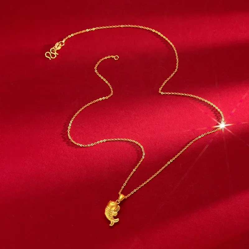 

24K Yellow Gold Koi Clavicle Necklace, Real Gold Simple Temperament Clavicle Chain Female Fine Christmas Gift Gold Jewelry