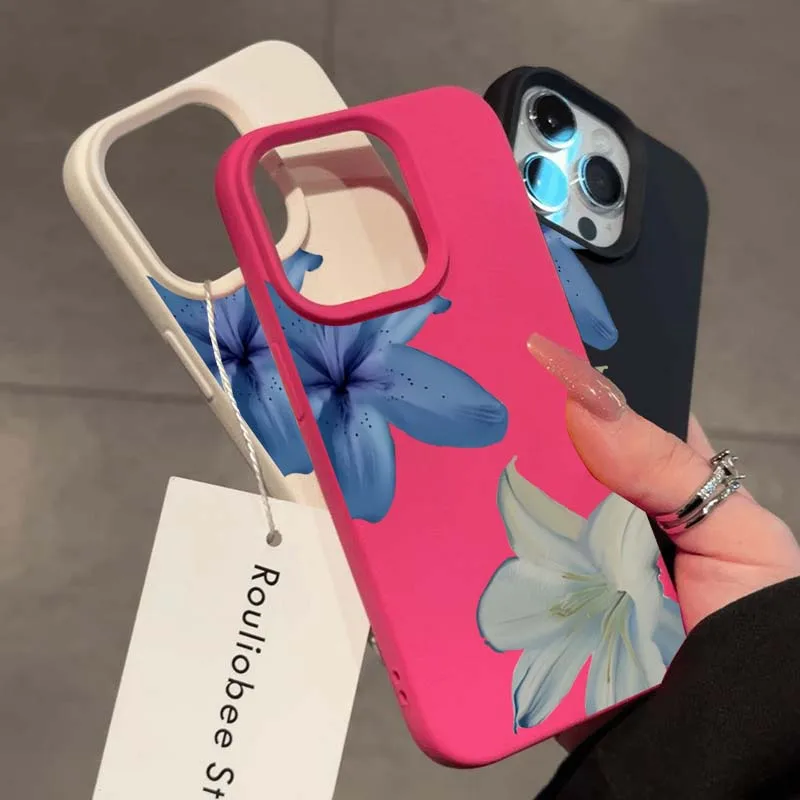 Eleganckie etui na telefon z wzorem niebieskich lilii i liczi do iPhone 17 16 Pro Max 15 14 13 12 11 XS XR 16 Plus 16e, odporne na wstrząsy, miękka tylna obudowa.