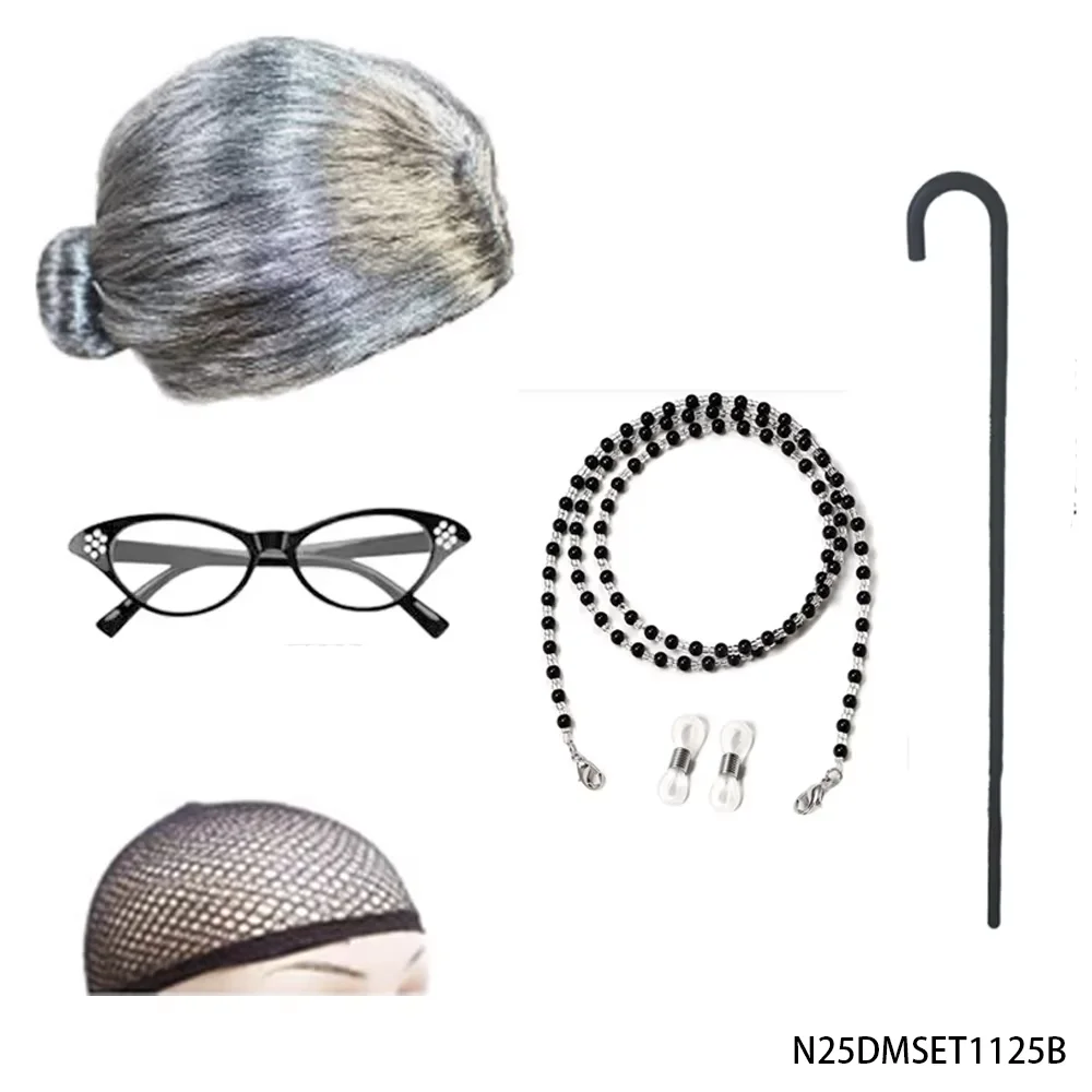 PESENAR – Kit de Costume de vieille dame, perruque Updo grise, lunettes, chaîne de lunettes, filet à cheveux, canne, accessoires de Cosplay amusants