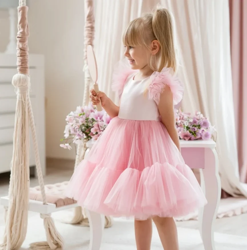 

Pink Flower Girl Dresses Puffy Tulle O Neck Girls Birthday Party Banquet Holy Communion Dress