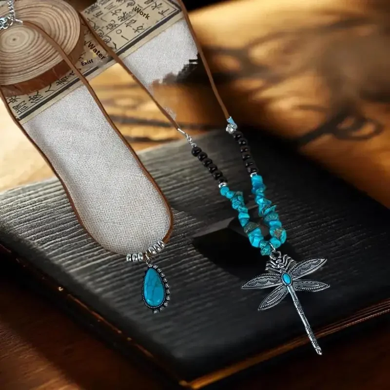 Ethnic Style Vintage Dragonfly Pendant Necklace For Women Bohemian Style Faux Turquoise Beaded Necklace