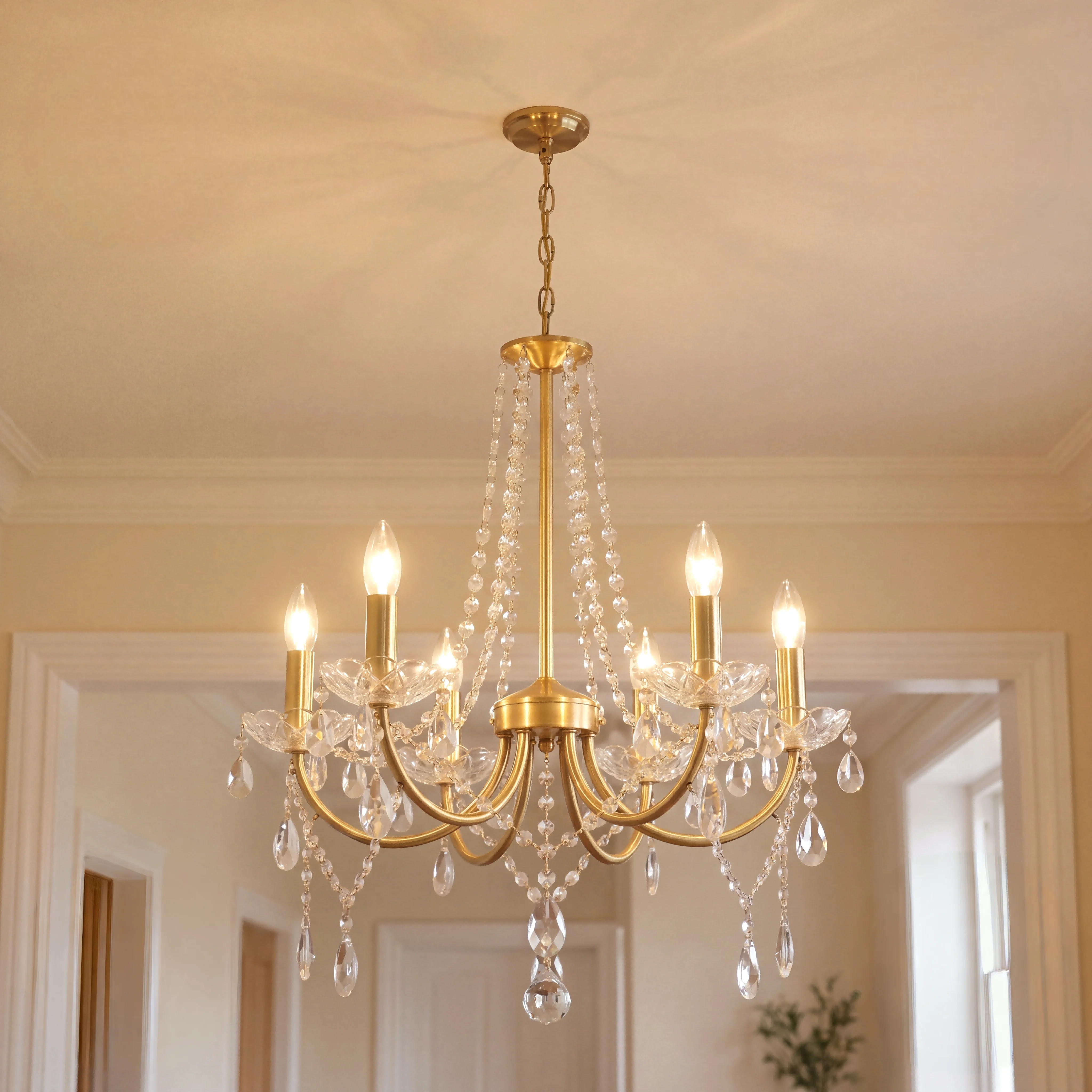 Luxury Gold K9 Crystal Candle Chandelier Adjustable Pendant Light Fixture for Dining Room Living Room Foyer Home Decor