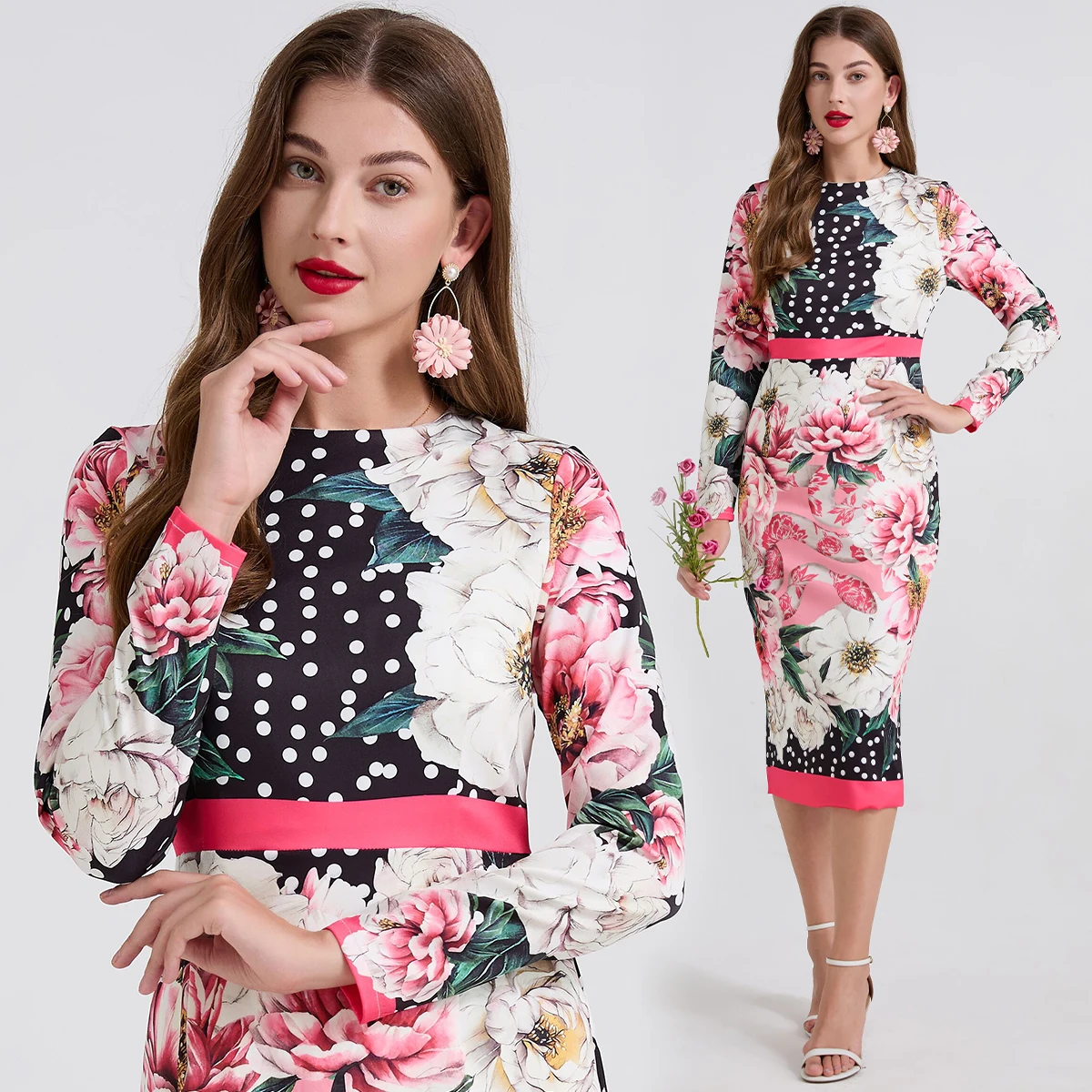 

European and American polka dot large flower slim fit hip hugging dress high waist round neck long sleeved skirt streetwear