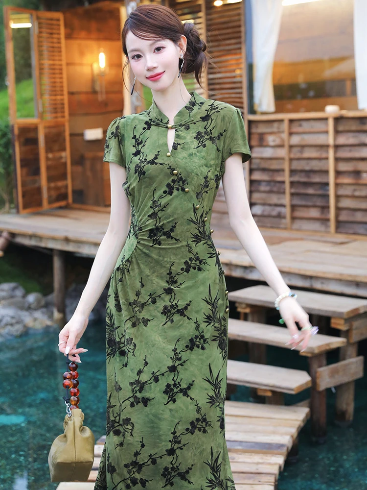 

Women Green Floral Pleated Bodycon Stand Collar Dress Summer Elegant Luxury Cheongsam Dress 2025 Korean Vintage Festival Dresses