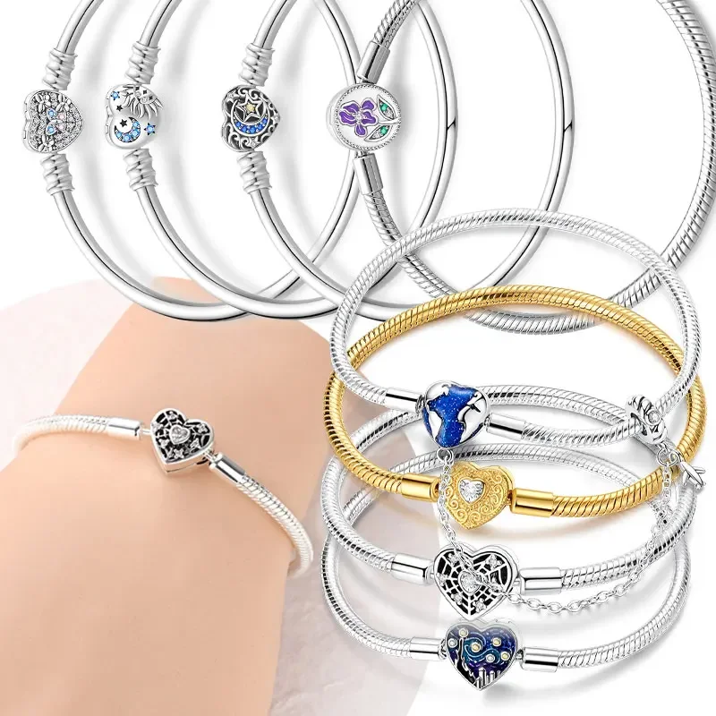Bracelet creux en forme de cœur, étoile, lune, globe terrestre et motif floral, bijou original plaqué argent, accessoire, cadeau d'anniversaire ou de Saint-Valentin