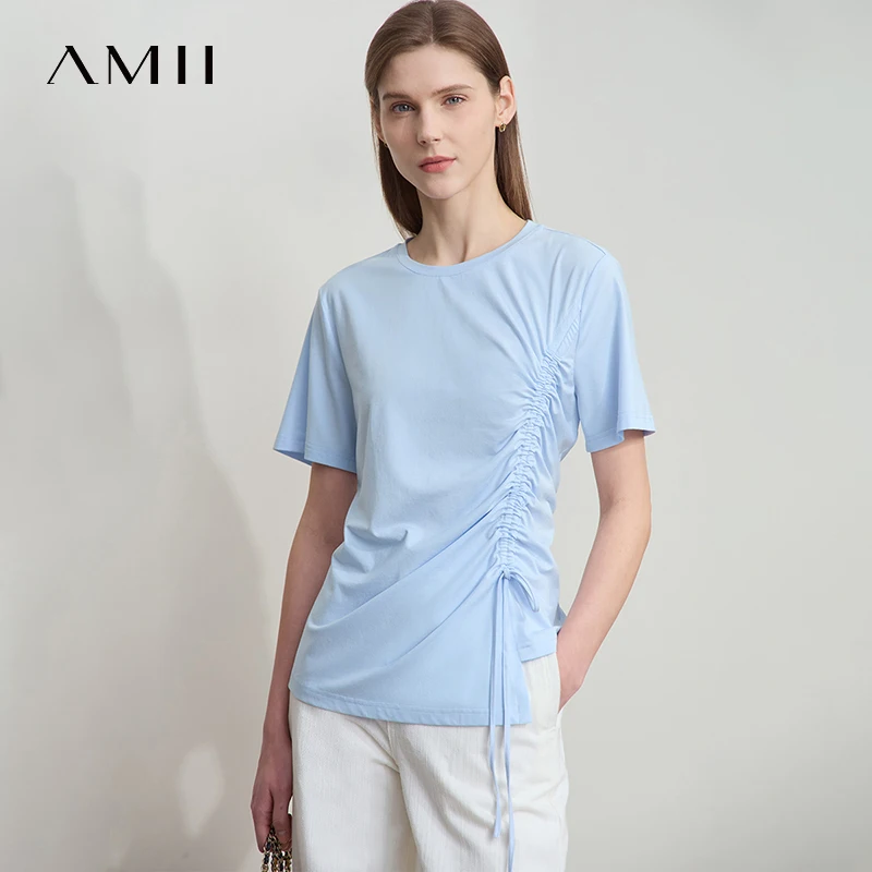 AMII Casual Summer T-shirts for Women 2025 Short Sleeve Round Neck Straight Tops Female Fashion Drawstring Shirt Woman 12522065