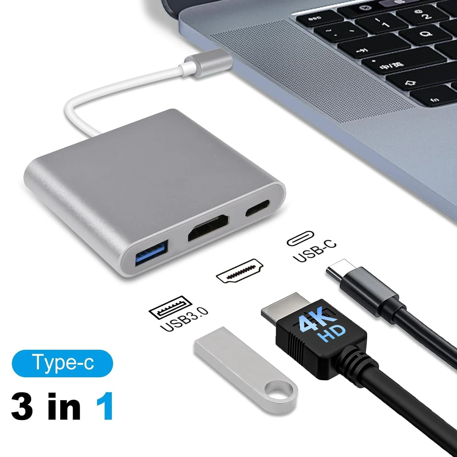 

USB C 3In1 Hub Thunderbolt3 Docking Station for New Macbook Laptop USB3.1 Type-C to 4K HDMI-compatible+USB 3.0+PD Charging Port