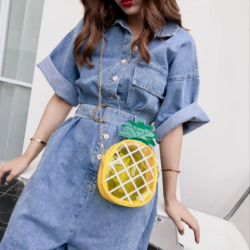 Women Bag Summer Mini Messenger Bag Cute Fruit Pineapple Design Chain Bag Transparent Beach Phone Crossbody Bag Small 2023 New