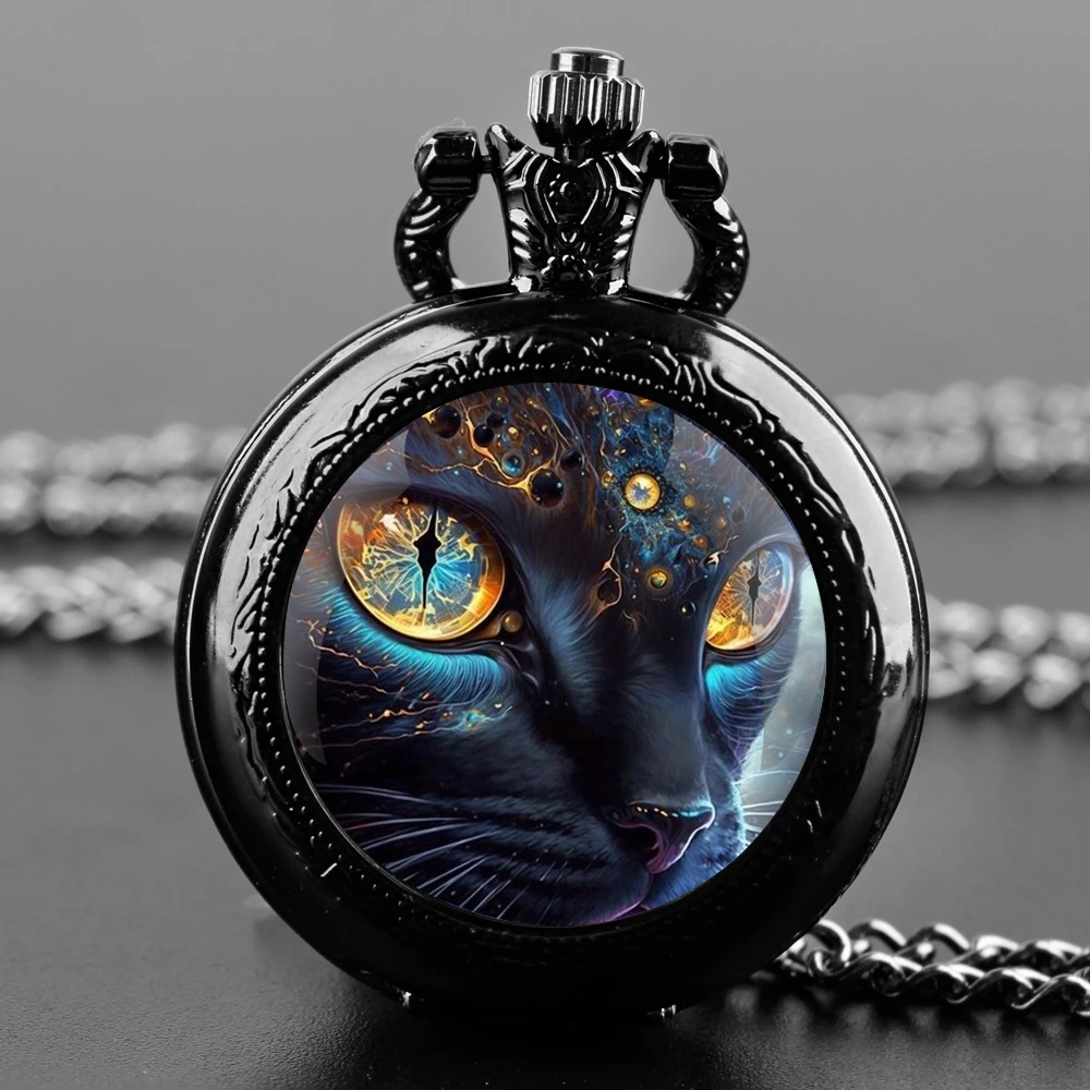 Cat's Face Themed Glass Dome Quartz Pocket Watch Classic Arabic Numeral Dial with Durable Chain for Men Creative Gifts