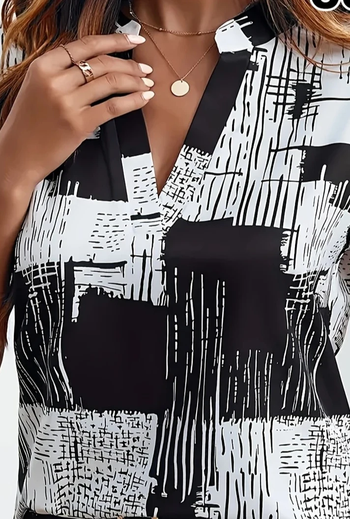 حجم كبير المرأة أنيقة أبيض وأسود هندسية طباعة قميص المرأة الربيع/الصيف بلوزة قماش غير قابلة للتمدد