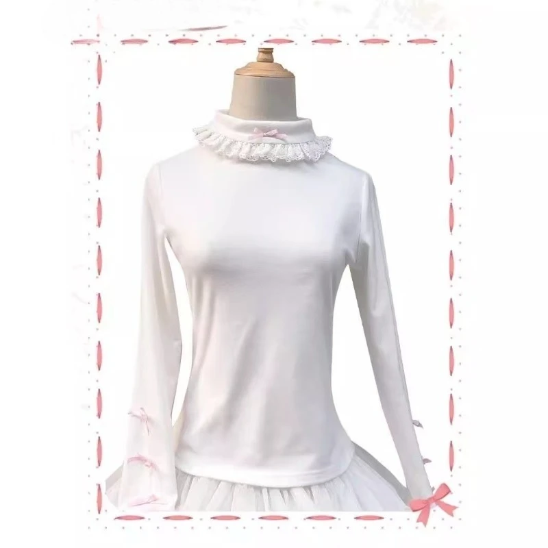 Camicetta giapponese rosa Lolita Kawaii donna O-collo bianco coreano dolce camicetta carina manica lunga principessa camicetta elegante inverno 2023