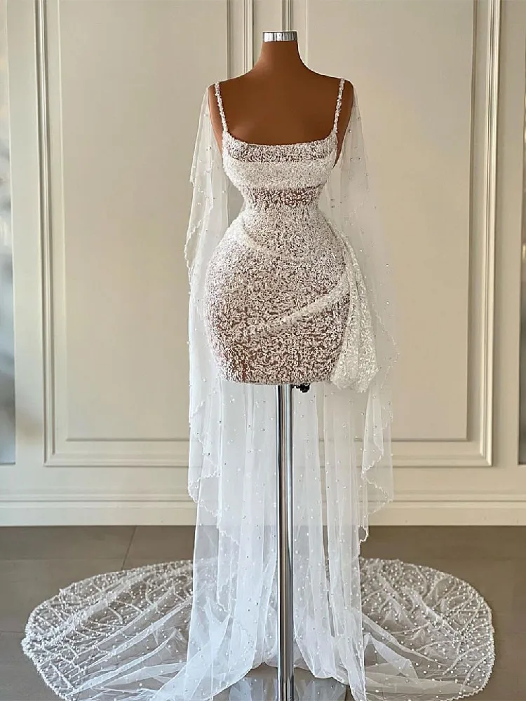 Robe de soirée courte en dentelle 3D, élégante, Bateau, sans manches, bretelles en paillettes, châle, applications perlées, robes de bal ajourées, sur mesure