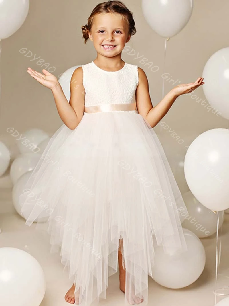 결혼식 유아를위한 맞춤형 꽃의 소녀 드레스 레이스 탑 불규칙 스커트 친교 미인 대회 드레스 핑크 리본 파티 볼 가운