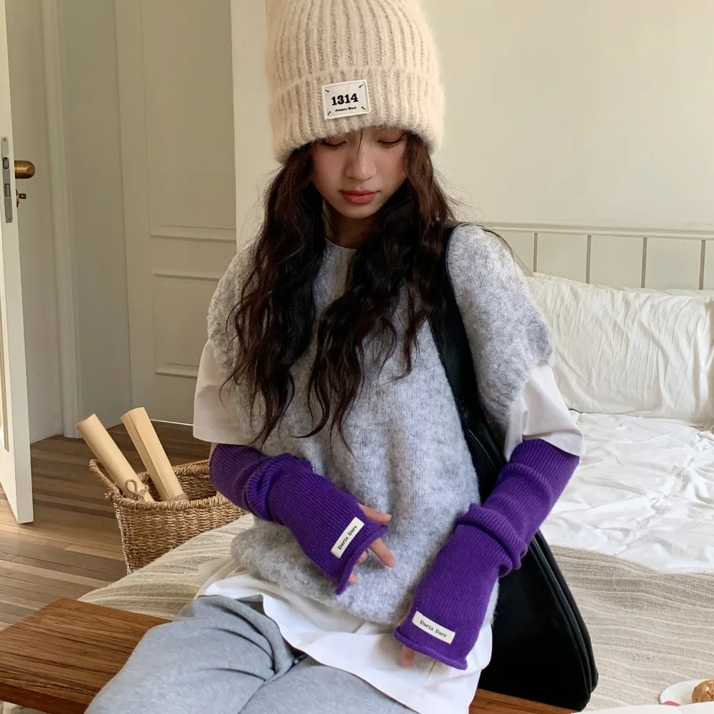

Breathable Korean Style Knitted Warm Sleeves Hole Solid Color Long Fingerless Sleeves Sweet Y2k Warm Arm Covers JK