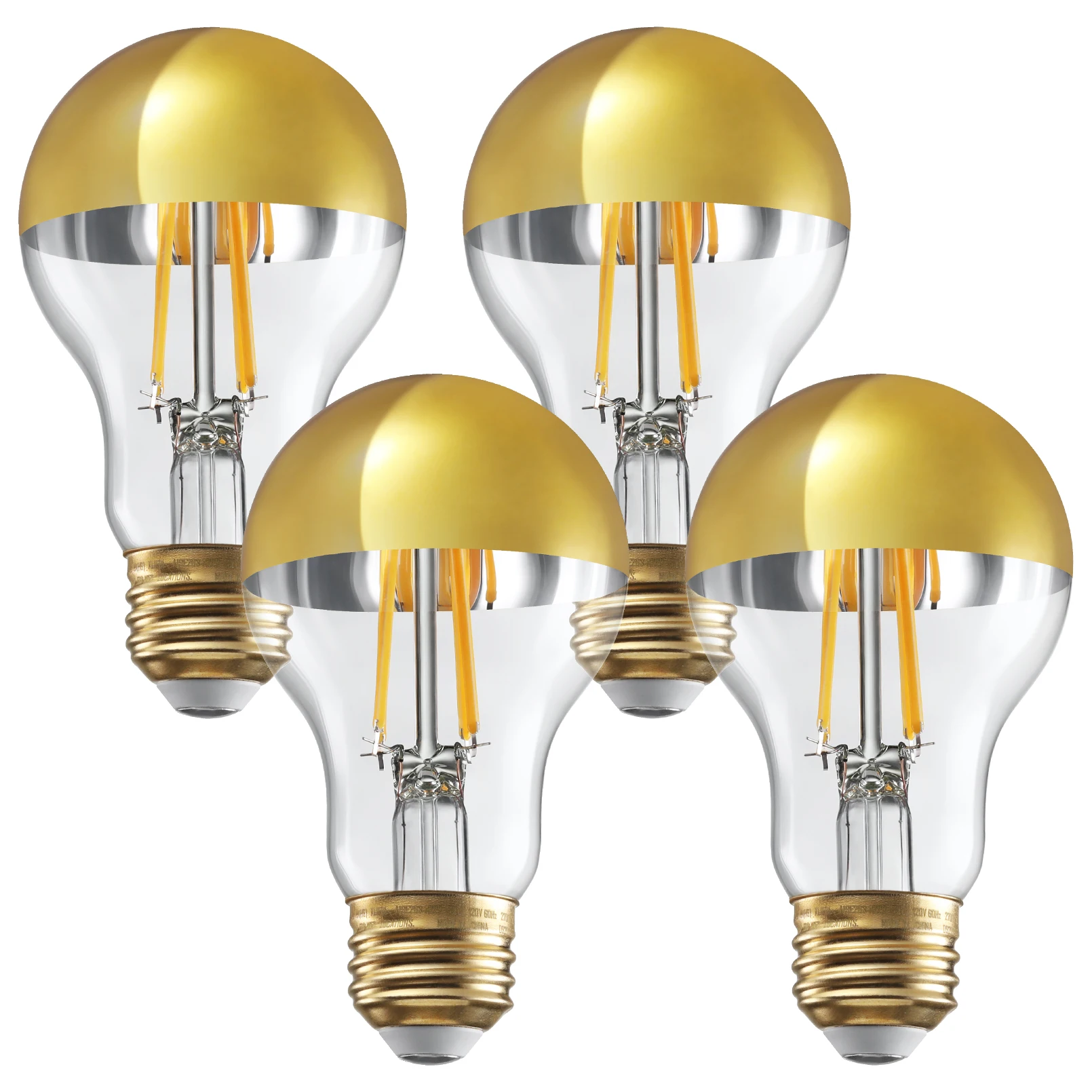 4 Pack Dimmable Half Chrome Light Bulb 2700K 4.5W, Anti Glare,E26 Gold Dipped Bulb, A19 Vintage LED Edison Bulb for Bedroom