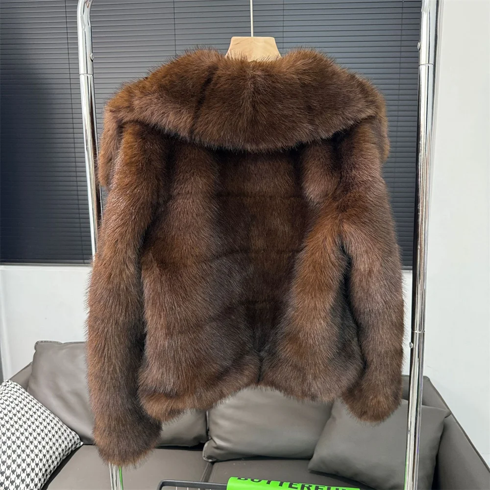 2024 Winter Female Loose Streetwear Outwears Brown Women Faux Sable Fur Jacket Oversized Lapel Long Sleeve Warm Fluffy Coats