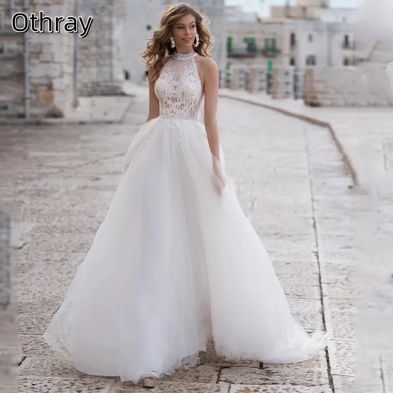 Othray Elegant A-Line Wedding Dress For Women Halter Lace Applique Sleevless Bridal Gown Sweep Train Tulle Vestidos D