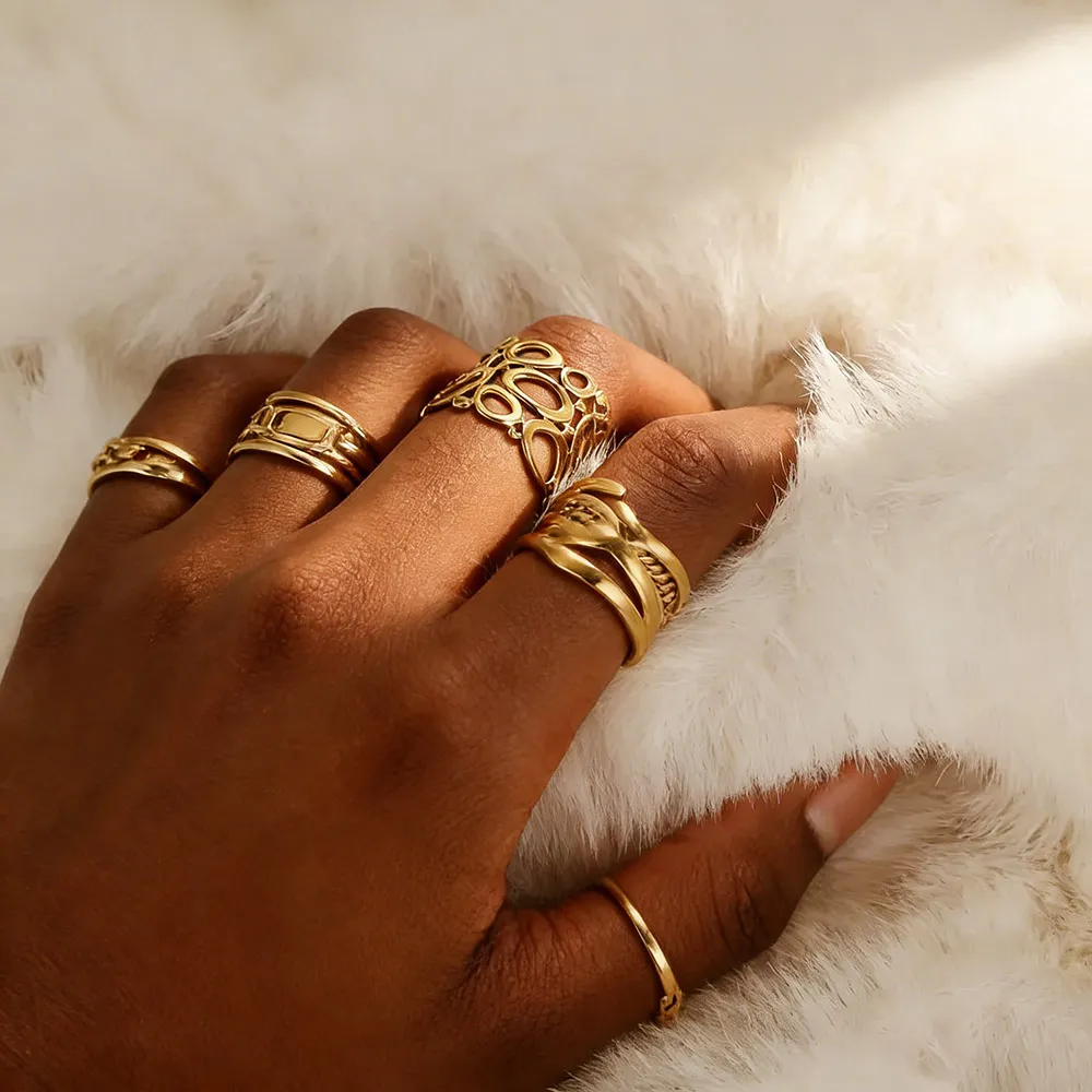 Edelstahl-Ring für Frauen, klobig, breit, Vintage-Stil, goldfarben, geometrisch, offener Fingerring, modischer Minimalismus, klassischer Schmuck, Geschenk
