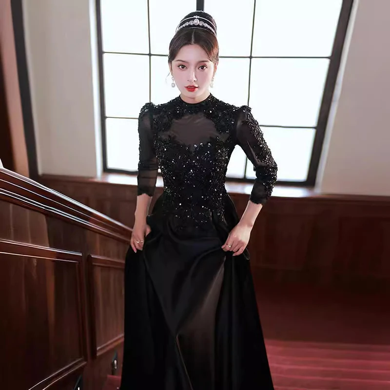 

Изысканное черное вечернее платье с бисером и блестками, сетчатые рукава, длинные банкетные платья, легкие роскошные вечерние платья