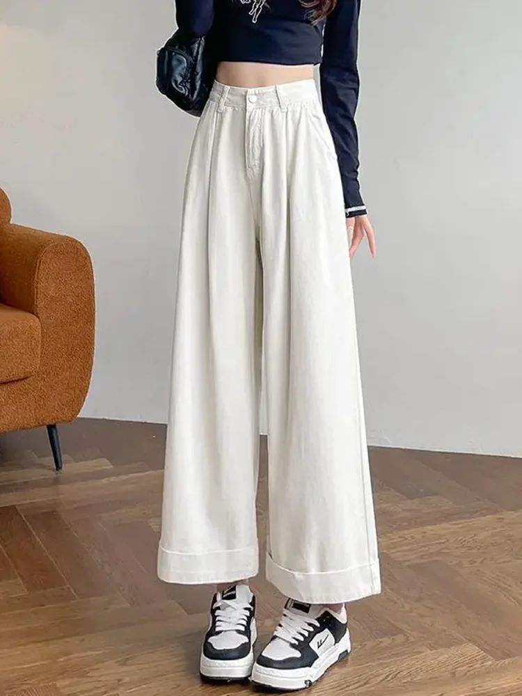 Pantalones vaqueros rectos holgados de moda coreana para mujer, pantalones vaqueros de pierna ancha informales de cintura alta, ropa de calle para primavera y otoño, Vaqueros holgados lisos nuevos