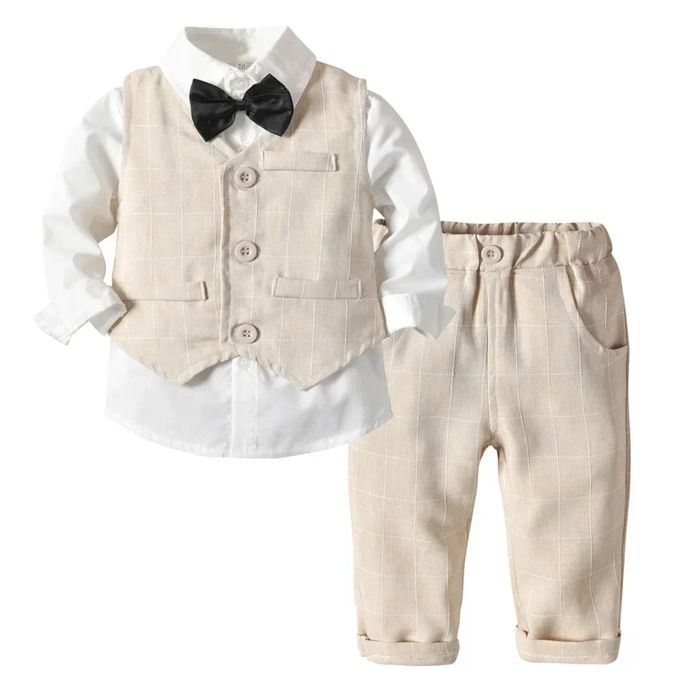 Autumn New Children's Light Blue Three Piece Suit Boys' Shirt+Vest+Pants Suit Set with Necktie Boy's Gentleman Baby Boy Clothes image 3