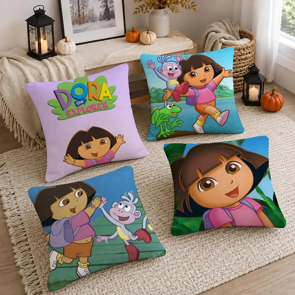 Cartoon Dora the Explorer Cushion Cover Short Plush Pillow Cover, Washable Wrinkle-Resistant for Sofa Bedroom Decor Gift