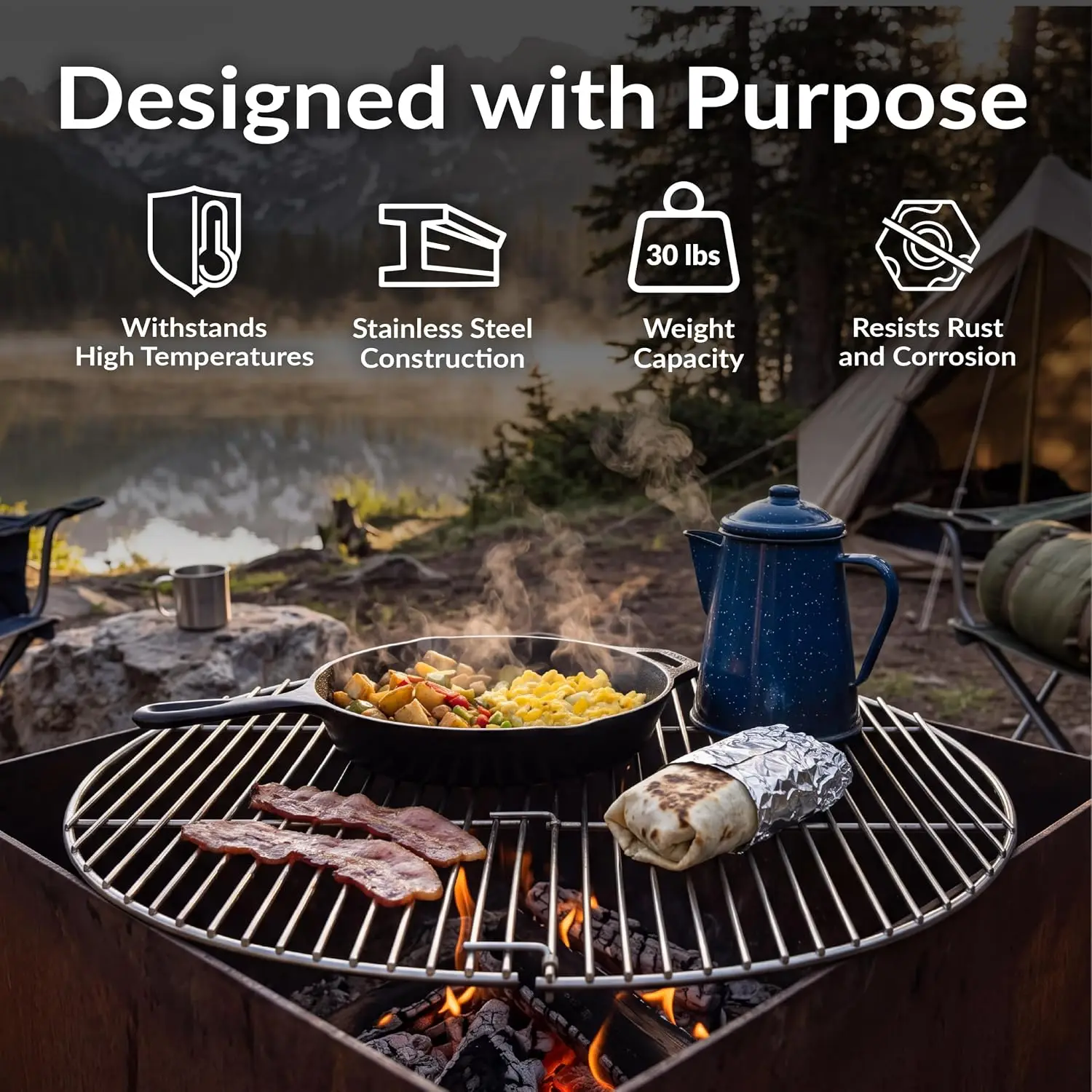 30-Inch Portable Round Folding Camping Grill Grate, Stainless Steel