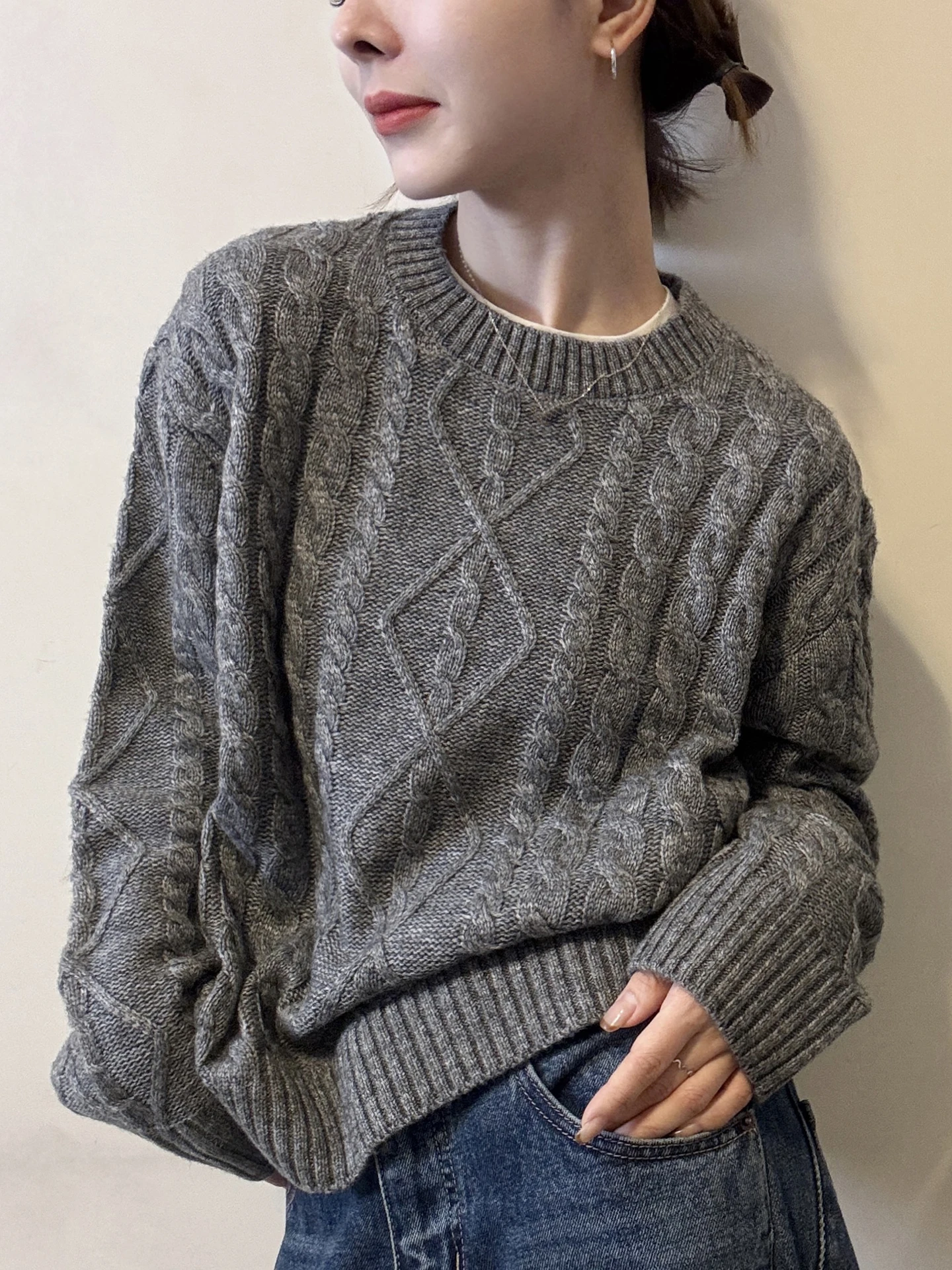 

Свободный вязаный свитер, однотонный длинный све Lazy Sle, зимний винтажный простой вязаный свитер без головы, женский трикотаж Camere