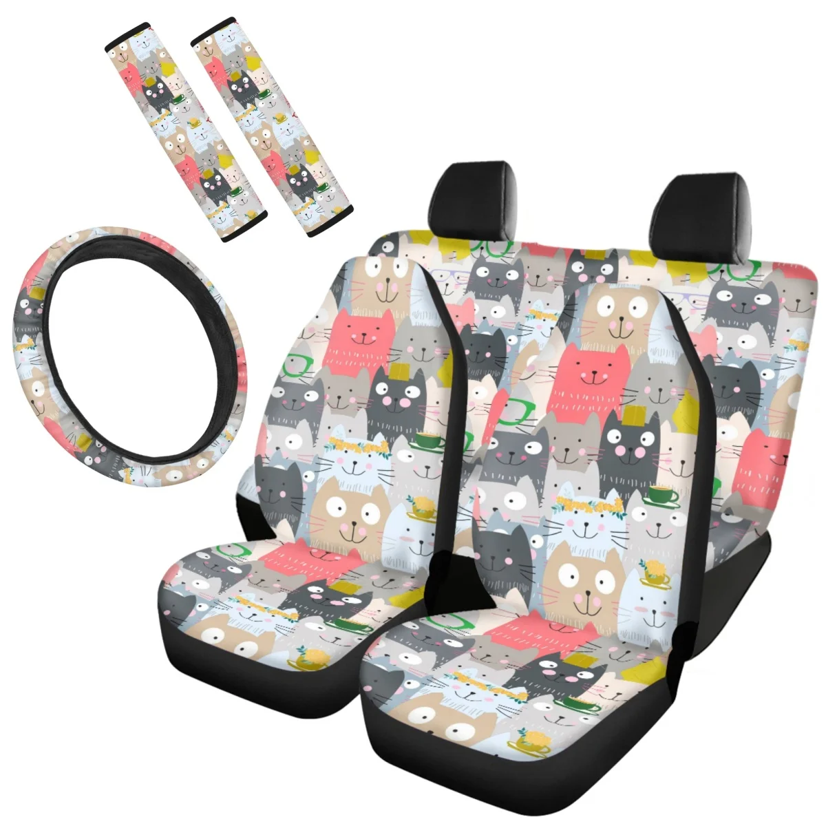 

New Fashion Kawaii Colorful Cat Pattern Car Accessories Easy Installation Interesting Anti-dirt Auto Front Back Seat Cover Set