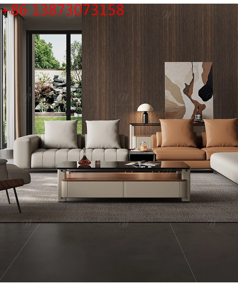 Light luxury coffee table South American walnut solid wood countertops, leather veneer living room, furniture