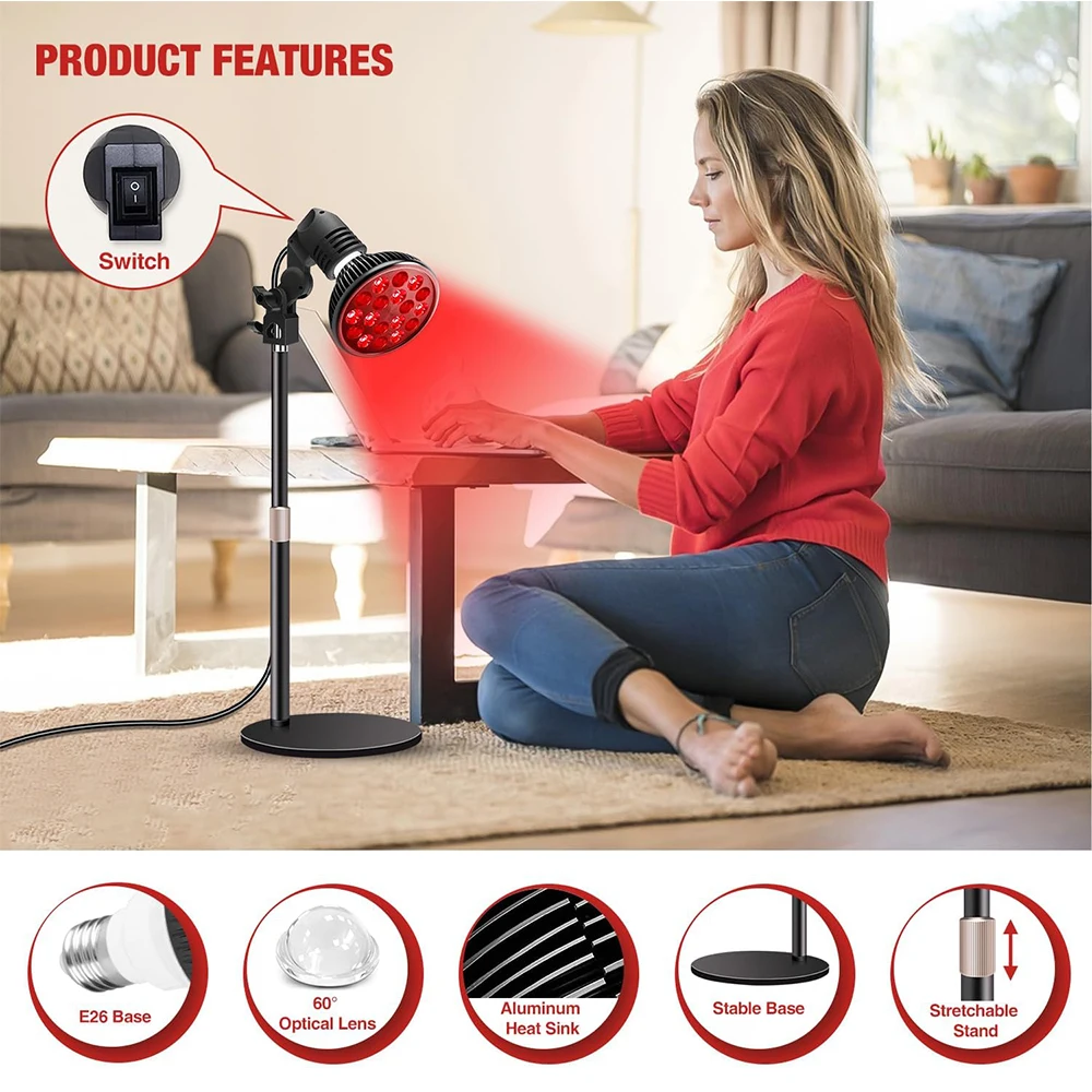 E27 lâmpada de terapia de luz infravermelha vermelha e próxima-led para tratamento facial e corporal alívio da dor, suporte ajustável, 18 leds 660nm e 850nm combo