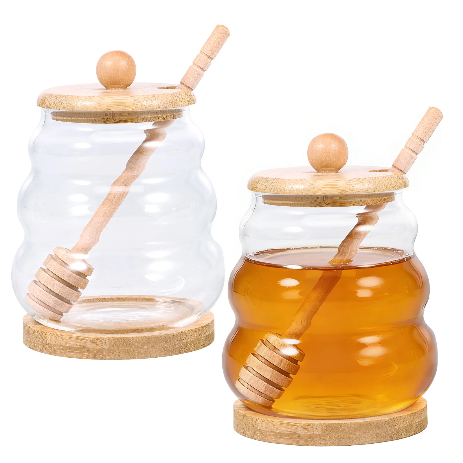 

Набор из 2 прозрачных стеклянных банок для меда с ложкой и деревянными крышками, контейнеры для хранения сиропа и джема, аксессуары для домашней кухни