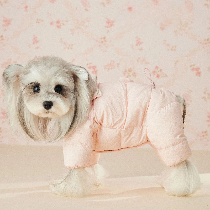Autumn Winter Pink Bow Dog Four-legged Down Jumpsuit, Belly Protection Pet Outfit for Schnauzer, Teddy & Bichon