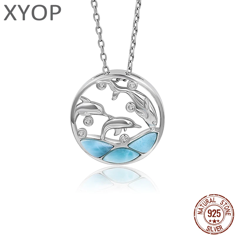 XYOP Natural Larimar Blue Round Dolphin Pendant Burning Christmas, Warm For Love, Warm Winter Praise