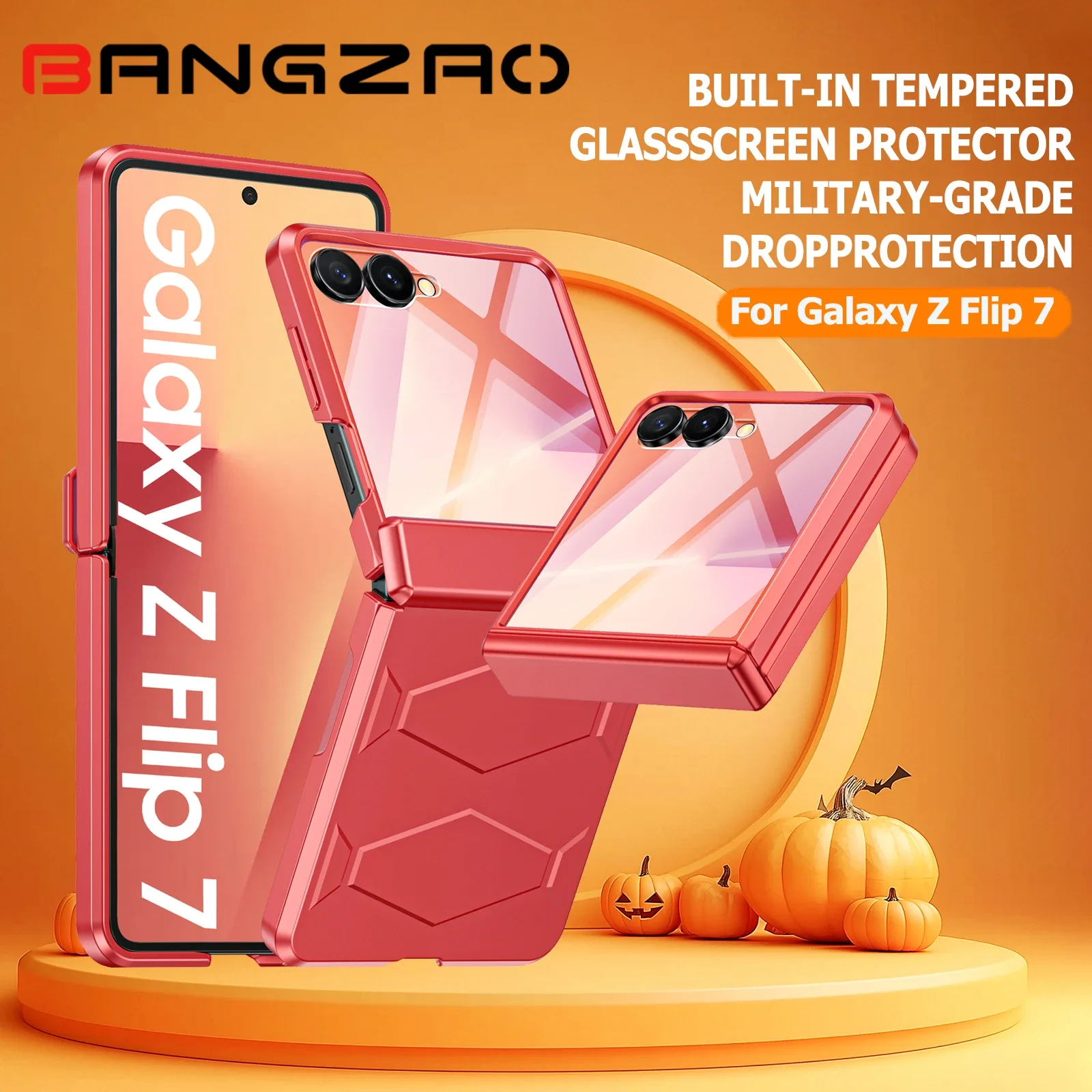 

Подарки на Хэллоуин для чехла Galaxy Z Flip 7, нескользящая текстура, закаленная защита шарниров, беспроводная зарядка, противоударный чехол-оранжевый