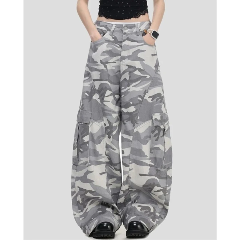 

Женские джинсы-карго с высокой талией, свободные, камуфляжные, широкие штанины, джинсовая ткань, уличный стиль, модные брюки для девушек, 2026