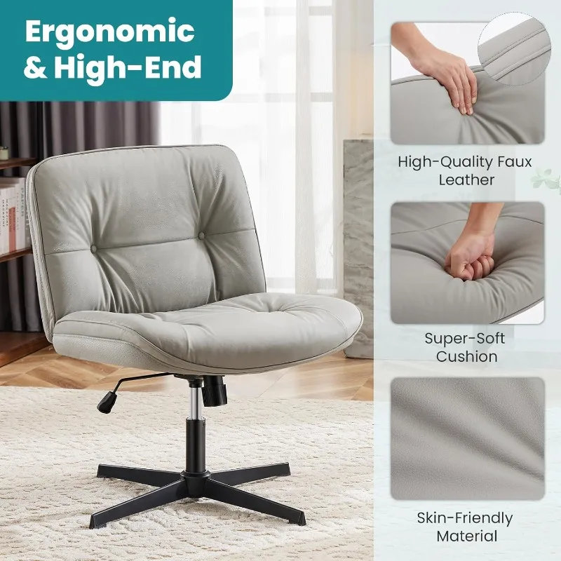 

Criss Cross Chair Without Wheels, Cross Legged Office Chair, Armless Wide Vanity Desk Chair with Comfy PU Leather& Back
