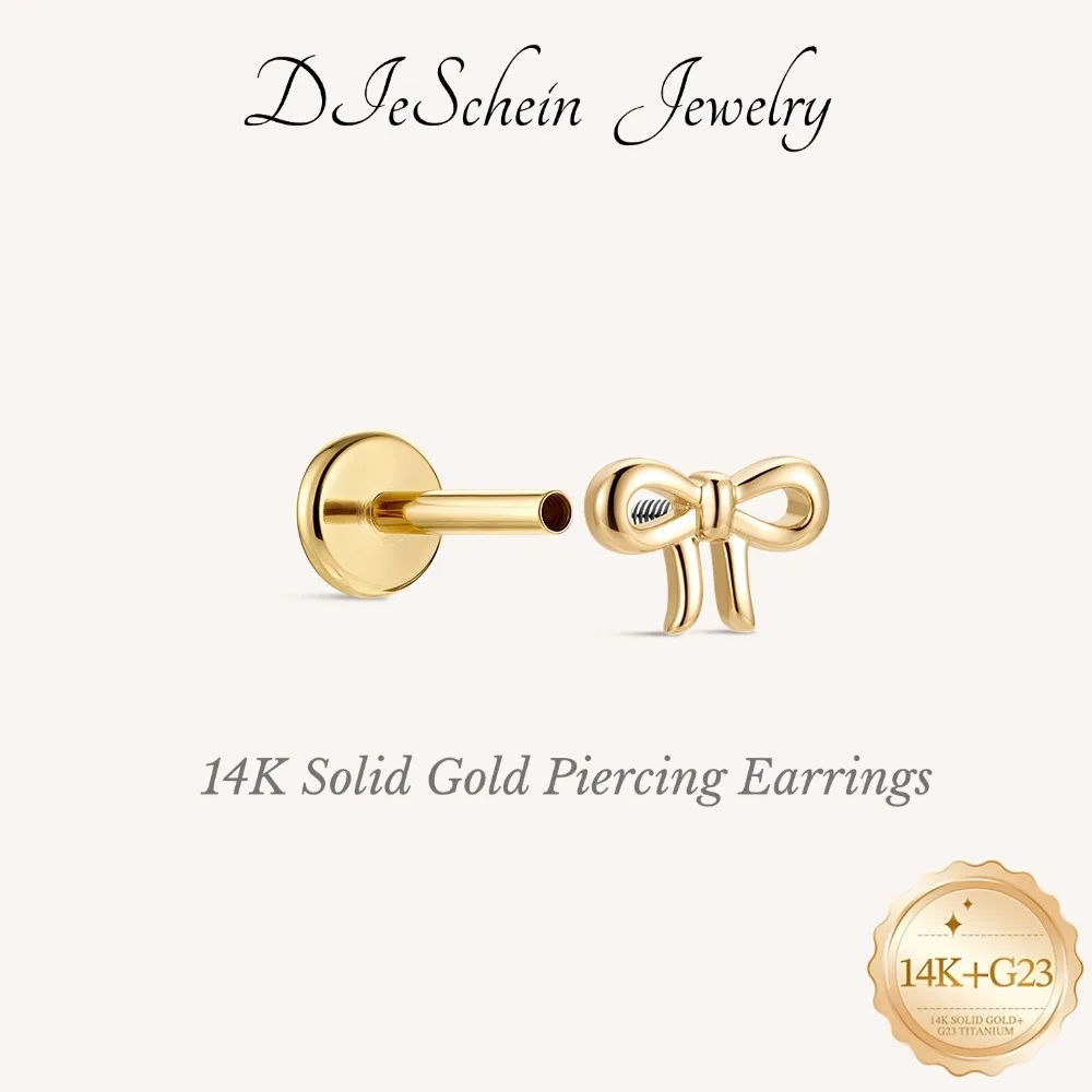 DIeSchein 14K Solid Gold Simple Smooth Bowknot Piercing Earrings For Women Classic Flat Back Internal Thread Fine Jewelry Gifts