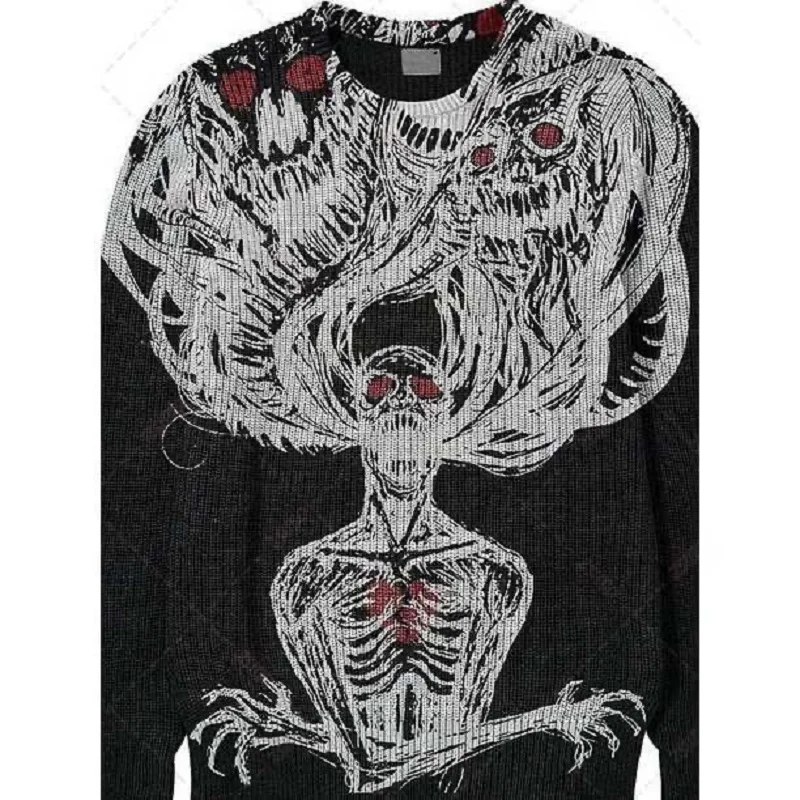 Gothic Pullover Loose O-neck Sweaters Male Women\'s Streetwear Harajuku Sweater Vintage Knitted Hip Hop Halloween terror emo y2k